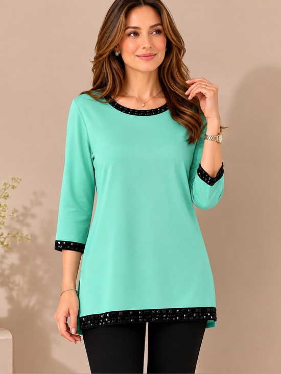 Ming Wang Tops - Ming Wang Mint Green Embellished‎ Knit Tunic Top 3/4 Sleeve Large